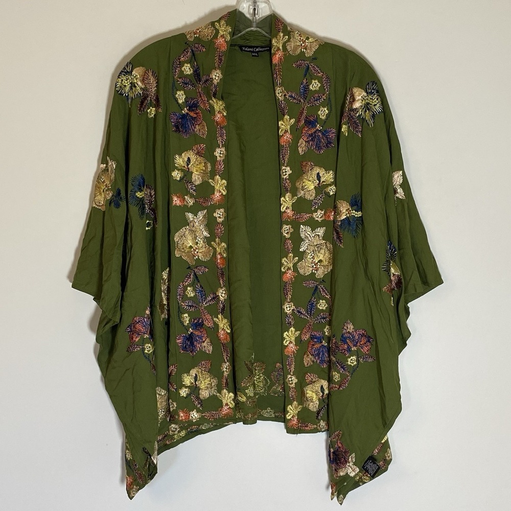 Tolani Collection Kimono Womens Medium‎ Large Green Floral Embroidered Boho Art